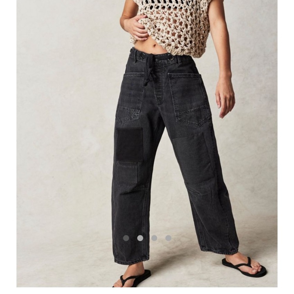 Free People Washed Black Patchwork High-Rise Wide Jeans
